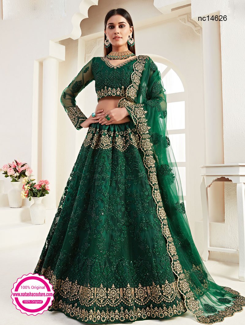 Dark Green Net Bridal Lehenga Choli ...